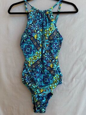 Jantzen High Neck One Piece Swimsuit NWT Mosaic Geometric Ruching Size 10